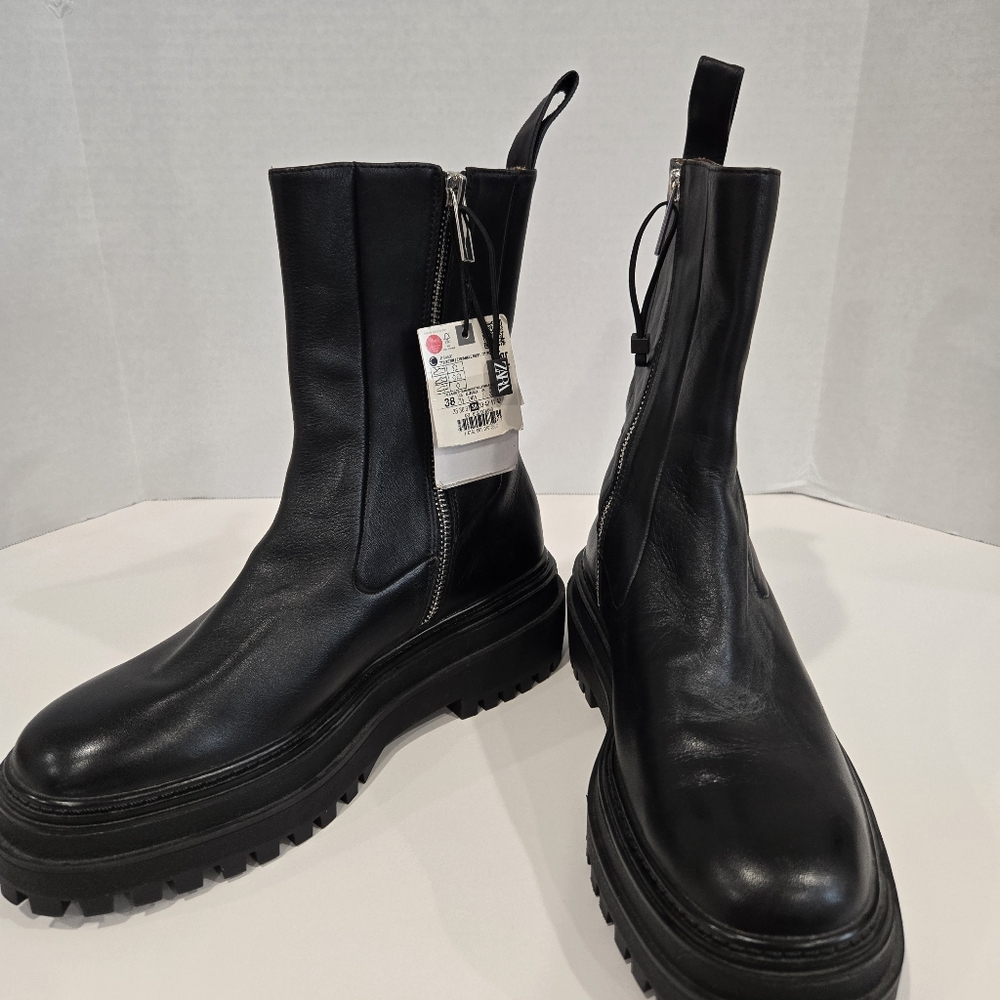 Zara Black Ankle Boots Women's Size 7.5 Track Sole Zip-up